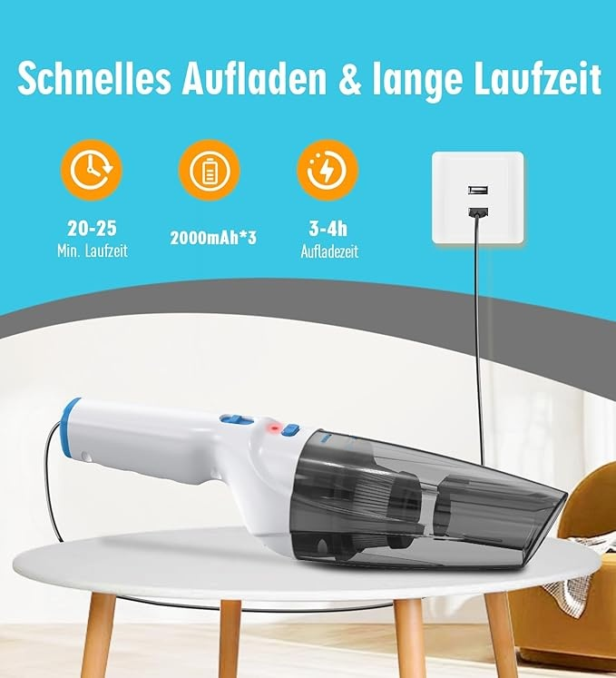 Handstaubsauger, 9500PA handstaubsauger akku mit Starke saugkraft, leicht und tragbar Auto staubsauger mit Waschbar HEPA-Filter, 100W handstaubsauger kabellos für Auto/Haus/Haustiere Handheld