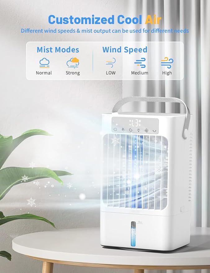 Klimaanlage Mobil, 4-in-1 Mobiles Klimager?t, 900ml Wassertank Luftkühler mit Wasserkühlung, 3 Windgeschwindigkeiten & 2 Feuchtigkeits Modi, 90°Oszillation, Timer, 7 Farben Licht für Zuhause