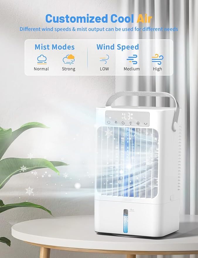 Klimaanlage Mobil, 4-in-1 Mobiles Klimager?t, 900ml Wassertank Luftkühler mit Wasserkühlung, 3 Windgeschwindigkeiten & 2 Feuchtigkeits Modi, 90°Oszillation, Timer, 7 Farben Licht für Zuhause
