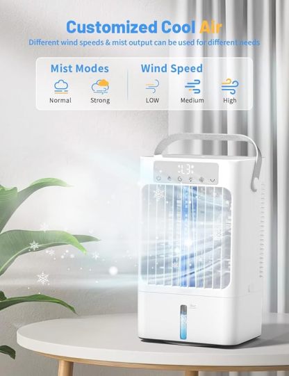Klimaanlage Mobil, 4-in-1 Mobiles Klimager?t, 900ml Wassertank Luftkühler mit Wasserkühlung, 3 Windgeschwindigkeiten & 2 Feuchtigkeits Modi, 90°Oszillation, Timer, 7 Farben Licht für Zuhause