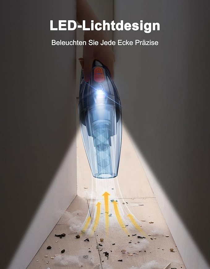 Handstaubsauger Akku, Handstaubsauger Kabellos mit LED-Lichter, 2 Waschbar Filter, Nass & Trocken Auto Staubsauger Stark für Zuhause, Büro, Auto, Tierhaare