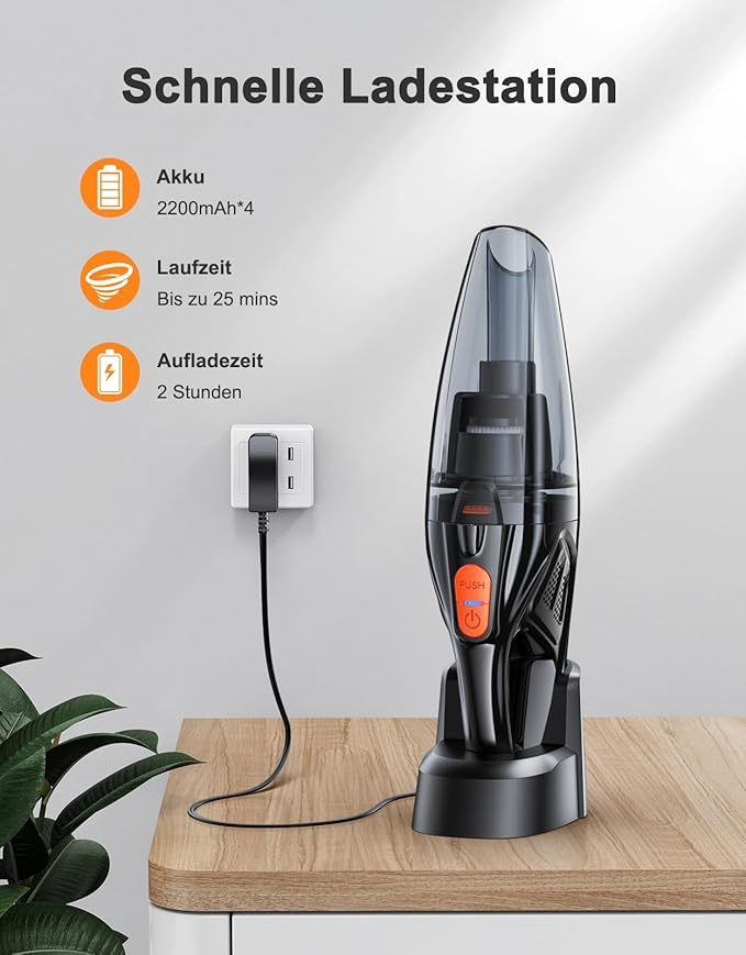 Handstaubsauger Akku, Handstaubsauger Kabellos mit LED-Lichter, 2 Waschbar Filter, Nass & Trocken Auto Staubsauger Stark für Zuhause, Büro, Auto, Tierhaare