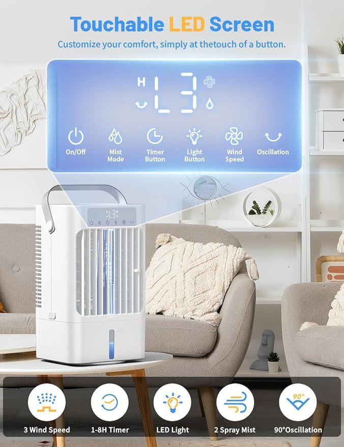 Klimaanlage Mobil, 4-in-1 Mobiles Klimager?t, 900ml Wassertank Luftkühler mit Wasserkühlung, 3 Windgeschwindigkeiten & 2 Feuchtigkeits Modi, 90°Oszillation, Timer, 7 Farben Licht für Zuhause