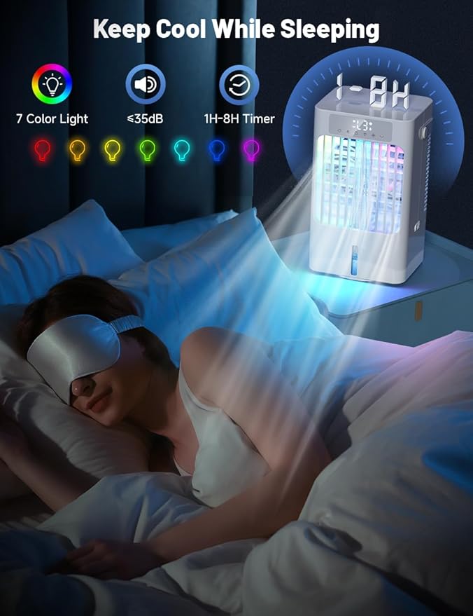Klimaanlage Mobil, 4-in-1 Mobiles Klimager?t, 900ml Wassertank Luftkühler mit Wasserkühlung, 3 Windgeschwindigkeiten & 2 Feuchtigkeits Modi, 90°Oszillation, Timer, 7 Farben Licht für Zuhause