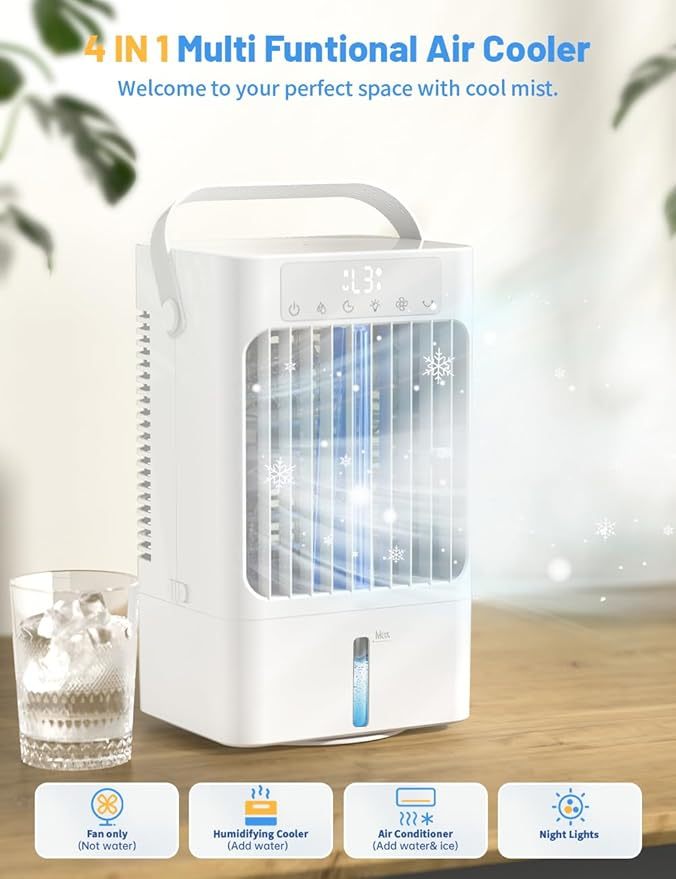 Klimaanlage Mobil, 4-in-1 Mobiles Klimager?t, 900ml Wassertank Luftkühler mit Wasserkühlung, 3 Windgeschwindigkeiten & 2 Feuchtigkeits Modi, 90°Oszillation, Timer, 7 Farben Licht für Zuhause