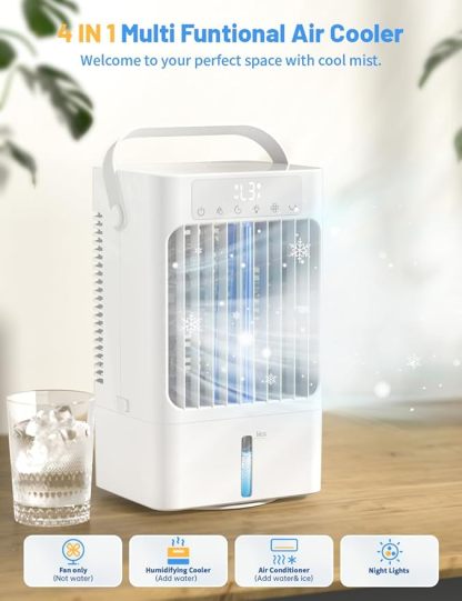 Klimaanlage Mobil, 4-in-1 Mobiles Klimager?t, 900ml Wassertank Luftkühler mit Wasserkühlung, 3 Windgeschwindigkeiten & 2 Feuchtigkeits Modi, 90°Oszillation, Timer, 7 Farben Licht für Zuhause