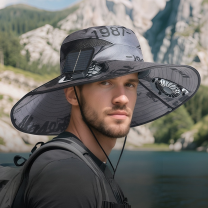 Solar Ventilator Sonnenhut ☀️ 47cm XXL Krempe ❄️ 12 Grad Kühlung plus USB 7 Blatt Turbine