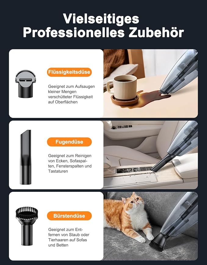 Handstaubsauger Akku, Handstaubsauger Kabellos mit LED-Lichter, 2 Waschbar Filter, Nass & Trocken Auto Staubsauger Stark für Zuhause, Büro, Auto, Tierhaare