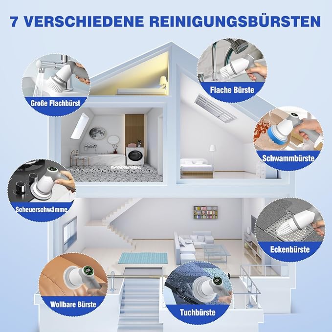 Elektrische Reinigungsbürste Haushalt, Fugenreiniger fürs Bad mit leistungsstarkem Motor, 7 Bürstenk?pfe Bürste zum putzen, Reinigungsbürste mit Led Anzeige für Küche, Bad und Auto-2 Speed