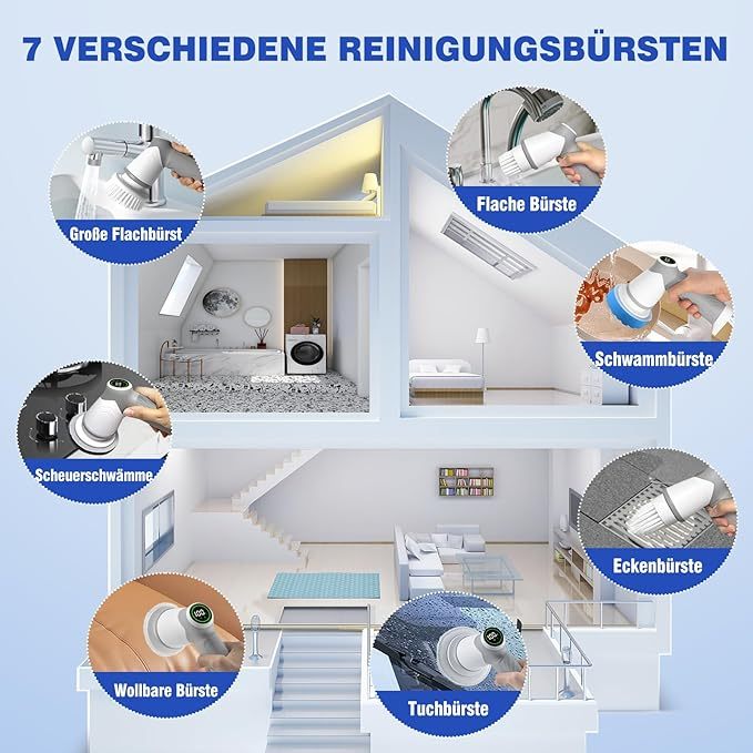 Elektrische Reinigungsbürste Haushalt, Fugenreiniger fürs Bad mit leistungsstarkem Motor, 7 Bürstenk?pfe Bürste zum putzen, Reinigungsbürste mit Led Anzeige für Küche, Bad und Auto-2 Speed