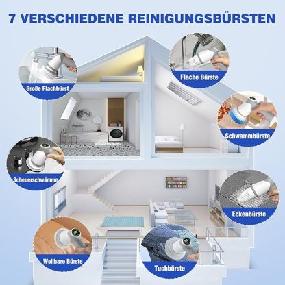 Elektrische Reinigungsbürste Haushalt, Fugenreiniger fürs Bad mit leistungsstarkem Motor, 7 Bürstenk?pfe Bürste zum putzen, Reinigungsbürste mit Led Anzeige für Küche, Bad und Auto-2 Speed