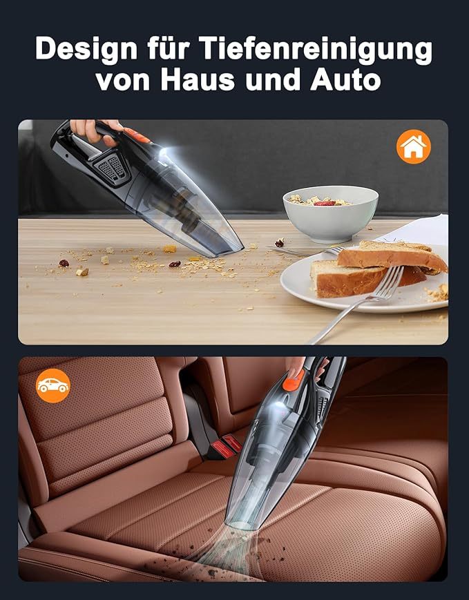 Handstaubsauger Akku, Handstaubsauger Kabellos mit LED-Lichter, 2 Waschbar Filter, Nass & Trocken Auto Staubsauger Stark für Zuhause, Büro, Auto, Tierhaare