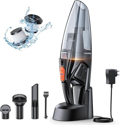 Handstaubsauger Akku, Handstaubsauger Kabellos mit LED-Lichter, 2 Waschbar Filter, Nass & Trocken Auto Staubsauger Stark für Zuhause, Büro, Auto, Tierhaare