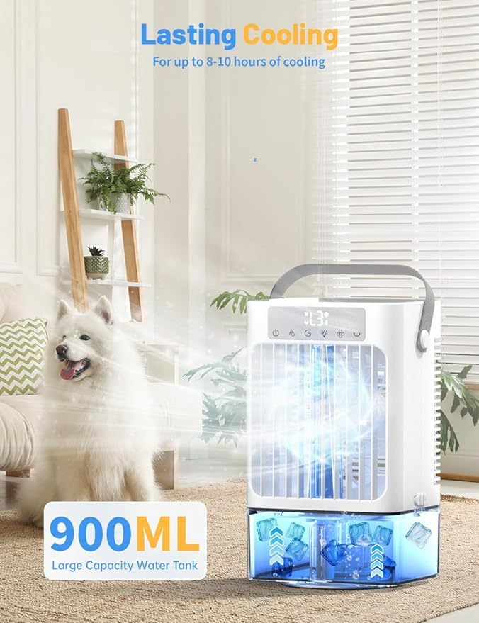 Klimaanlage Mobil, 4-in-1 Mobiles Klimager?t, 900ml Wassertank Luftkühler mit Wasserkühlung, 3 Windgeschwindigkeiten & 2 Feuchtigkeits Modi, 90°Oszillation, Timer, 7 Farben Licht für Zuhause