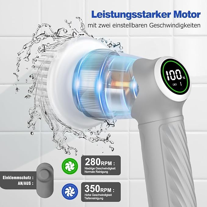 Elektrische Reinigungsbürste Haushalt, Fugenreiniger fürs Bad mit leistungsstarkem Motor, 7 Bürstenk?pfe Bürste zum putzen, Reinigungsbürste mit Led Anzeige für Küche, Bad und Auto-2 Speed