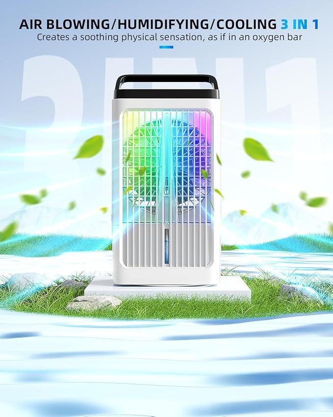 Klimaanlage mobil Luftkühler- Mobiles Klimager?te 1500ml Pers?nlich Ventilator mit 4 Windgeschwindigkeiten Wassertank 7 Farben Licht 2 Sprühfunktion, 1-8H Timer, für Schlafzimmer Büro