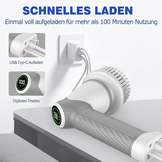 Elektrische Reinigungsbürste Haushalt, Fugenreiniger fürs Bad mit leistungsstarkem Motor, 7 Bürstenk?pfe Bürste zum putzen, Reinigungsbürste mit Led Anzeige für Küche, Bad und Auto-2 Speed