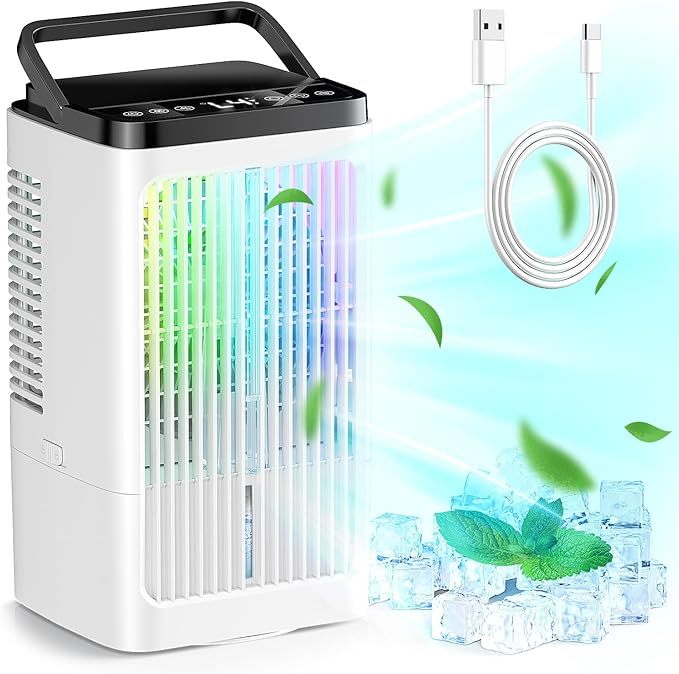 Klimaanlage mobil Luftkühler- Mobiles Klimager?te 1500ml Pers?nlich Ventilator mit 4 Windgeschwindigkeiten Wassertank 7 Farben Licht 2 Sprühfunktion, 1-8H Timer, für Schlafzimmer Büro