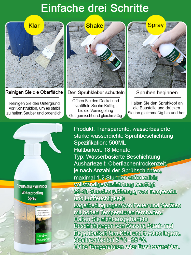 [Alle Szenarien | Sonnen- & Frostbeständig] Transparentes Wasserbasis-Spray – Stark wasserdicht