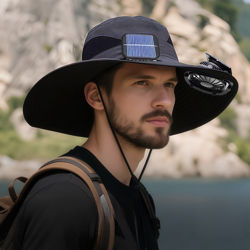 Solar Ventilator Sonnenhut ☀️ 47cm XXL Krempe ❄️ 12 Grad Kühlung plus USB 7 Blatt Turbine