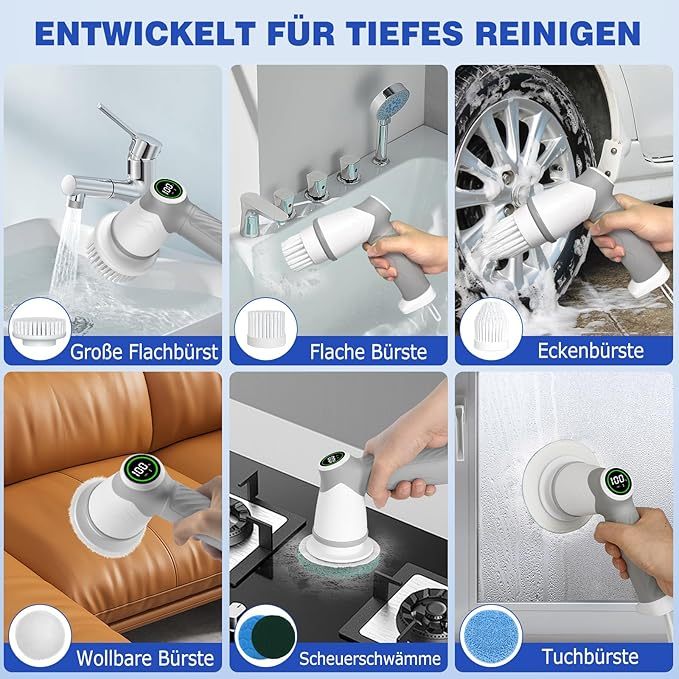 Elektrische Reinigungsbürste Haushalt, Fugenreiniger fürs Bad mit leistungsstarkem Motor, 7 Bürstenk?pfe Bürste zum putzen, Reinigungsbürste mit Led Anzeige für Küche, Bad und Auto-2 Speed