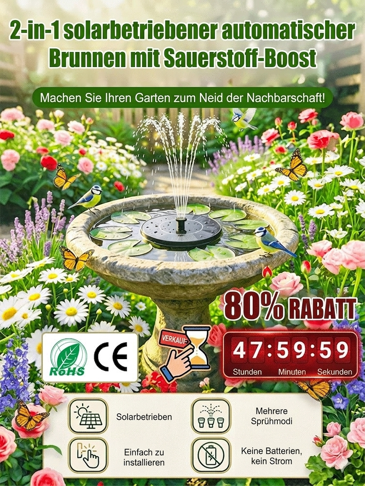 Solar Springbrunnen Garten ☀️ 0€ Stromkosten 💧 Sauerstoff-Boost 🛡️ IP68 Wasserdicht ✅ Einfache Installation
