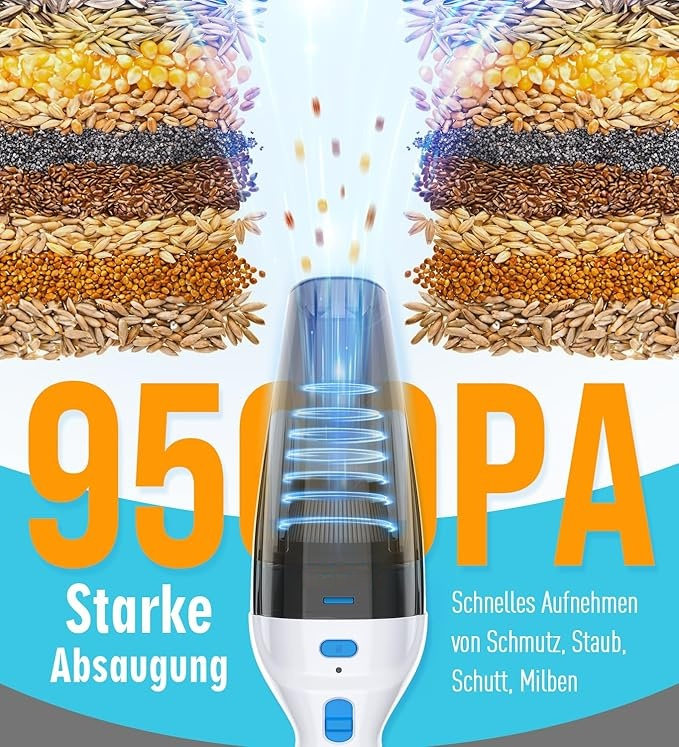 Handstaubsauger, 9500PA handstaubsauger akku mit Starke saugkraft, leicht und tragbar Auto staubsauger mit Waschbar HEPA-Filter, 100W handstaubsauger kabellos für Auto/Haus/Haustiere Handheld