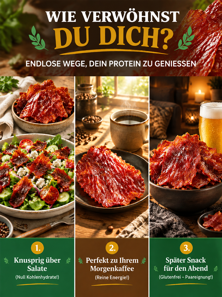 Aus 5 Pfund Rinderfilet wird 1 Pfund Knuspergenuss: EU-kontrollierte Bio-Angus-Beef-Chips in reinster Manufaktur-Qualität