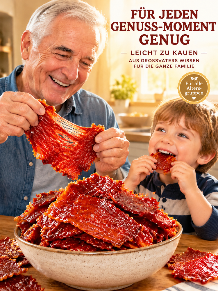 Aus 5 Pfund Rinderfilet wird 1 Pfund Knuspergenuss: EU-kontrollierte Bio-Angus-Beef-Chips in reinster Manufaktur-Qualität