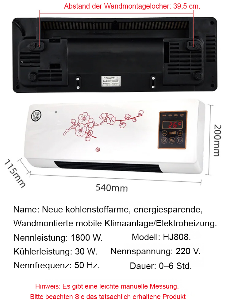 Energiesparender Klima-Lüfter, kein manueller Einbau, für Heizen und Kühlen.