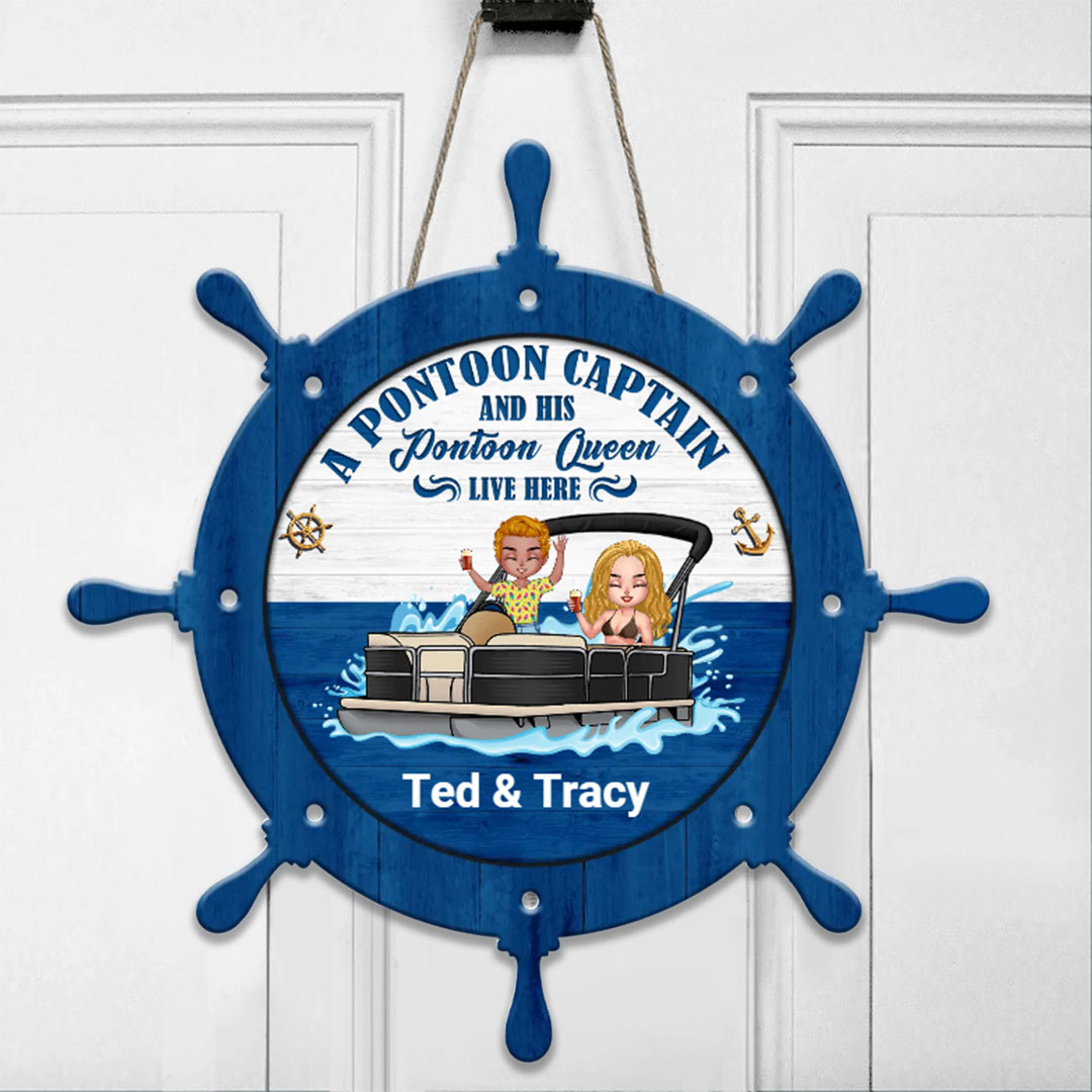 Custom Personalized Pontoon Couple Door Sign - Gift Idea For Couple - A Pontoon Captain And His Spoiled Pontoon Queen Live Here-ancustom