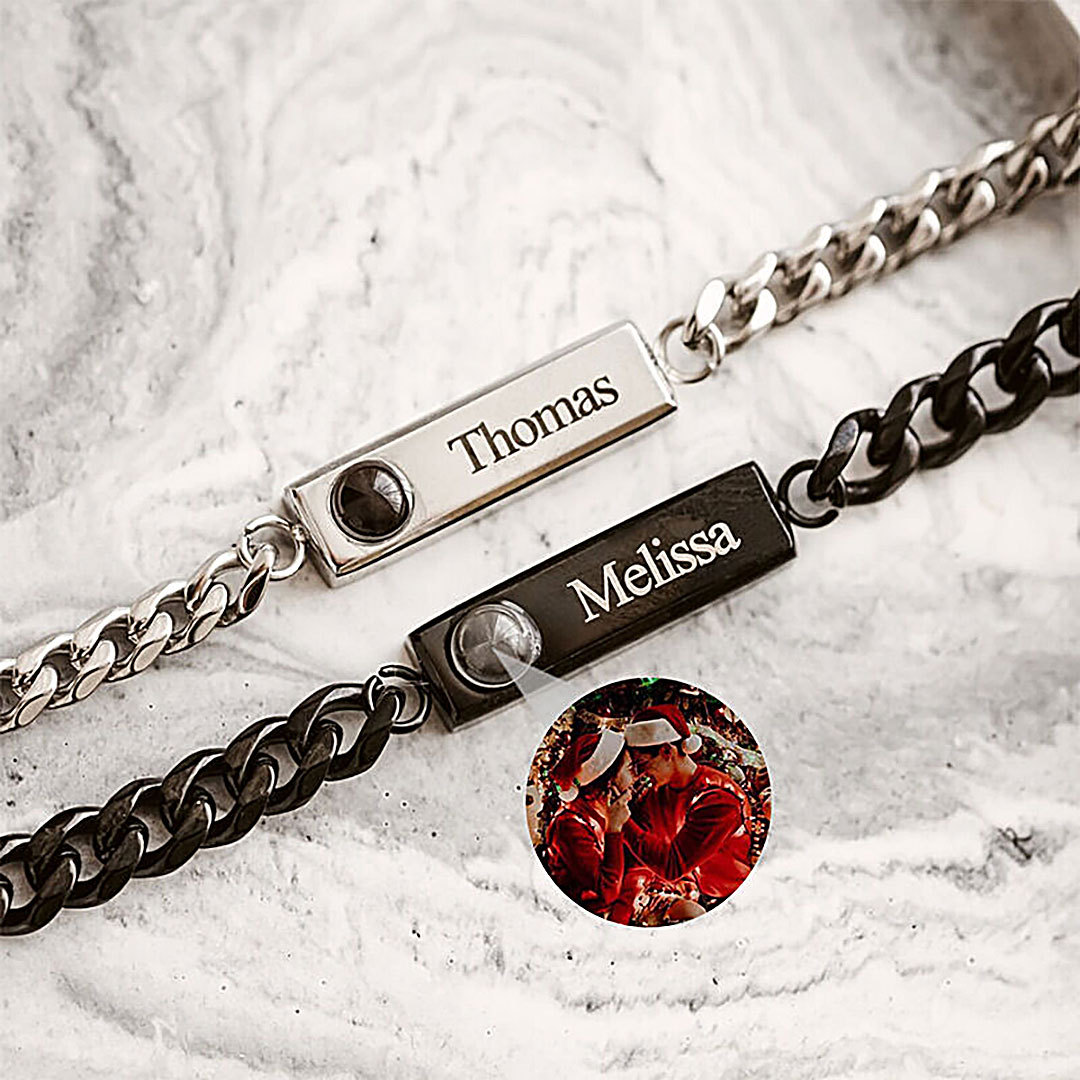 Personalized projection picture bracelet with square pendant and customized name, a heartwarming gift for couples-ancustom