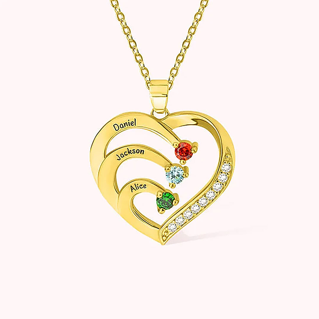 Personalized heart shaped family necklace with 1-6 names and birthstones, gift for mother, grandma-ancustom
