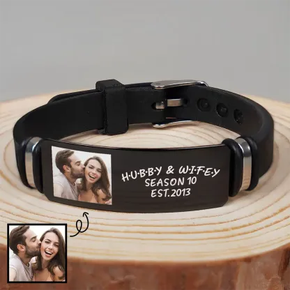 Custom Photo Hubby And Wifey - Birthday, Anniversary Gift For Spouse, Husband, Wife, Couple - Personalized Engraved Wristband-ancustom
