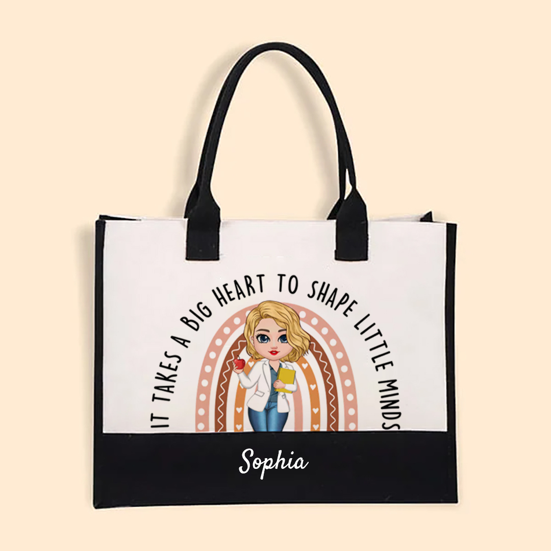 Personalized It Takes A Big Heart To Shape Little Minds Rainbow Large Tote Bag with Name Back to School Birthday Gift for Teacher-ancustom