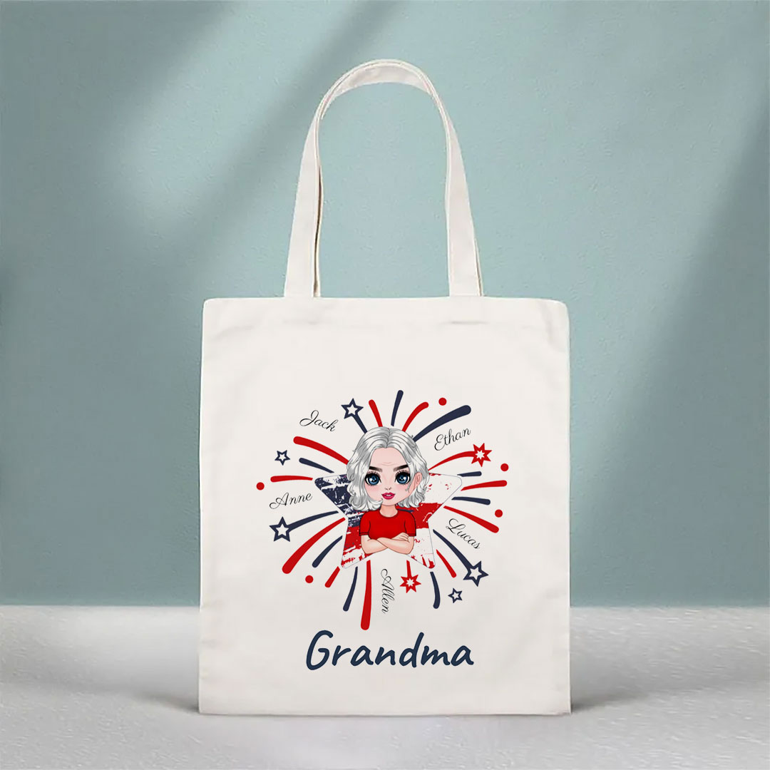 Star Fireworks American Flag Personalized Tote Bag for Grandma and Grandkids-ancustom