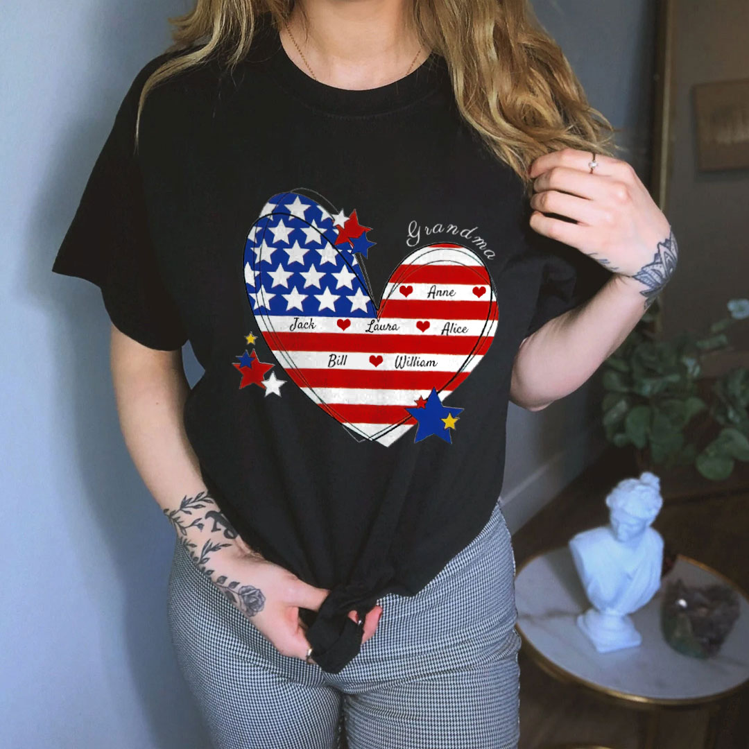 July 4th Grandma Mom Heart Custom Nickname Names US Independence Day Gift USA Flag Tshirt -ancustom