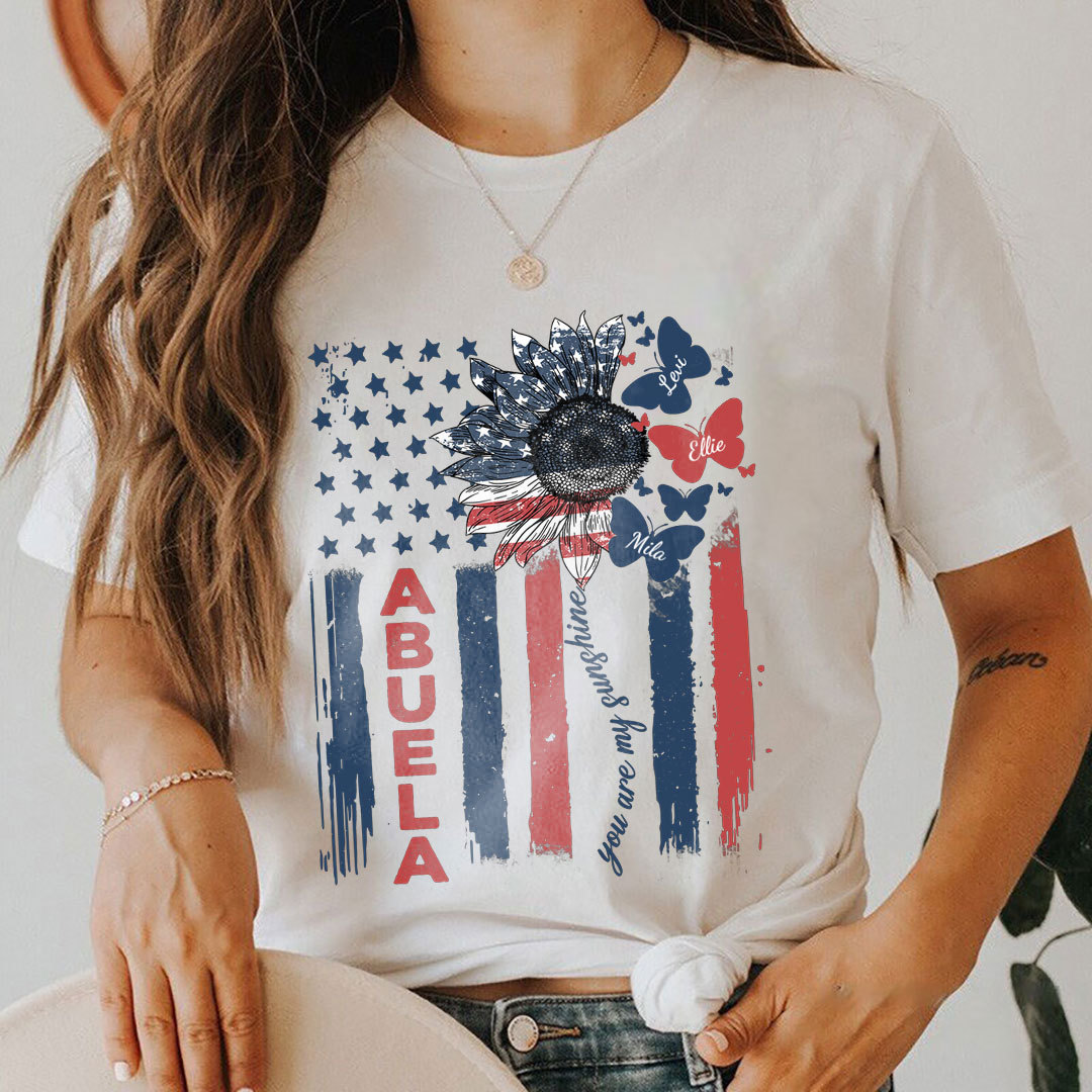 Nana Flag Flower Butterfly USA With Grandkids T-shirt - Gift for Grandma Mom Auntie-ancustom