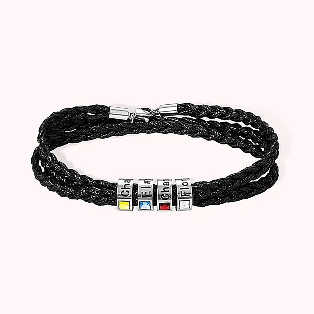 Personalized Men's Braided Leather Birthstone Bracelet with Name-ancustom