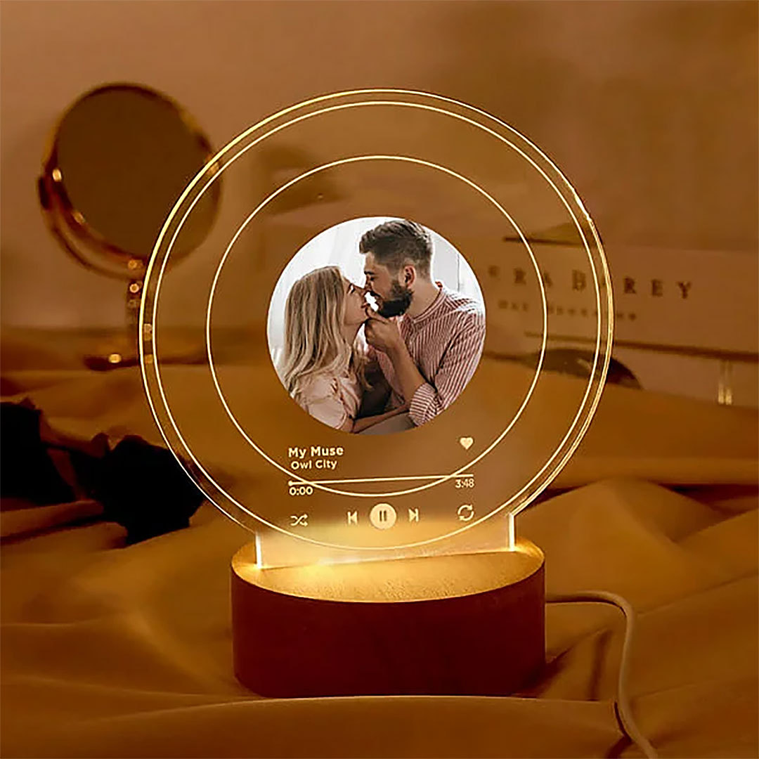 Personalized Music Album Cover Photo LED Night Light with Wooden Base Anniversary Valentine's Day Gift for Couple-ancustom