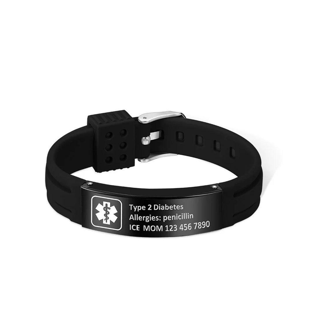 Personalized Emergency Medical Alert Adjustable Silicone Waterproof Wristband with Stainless Steel ID Name Tag for Men Women First Aid Gift-ancustom