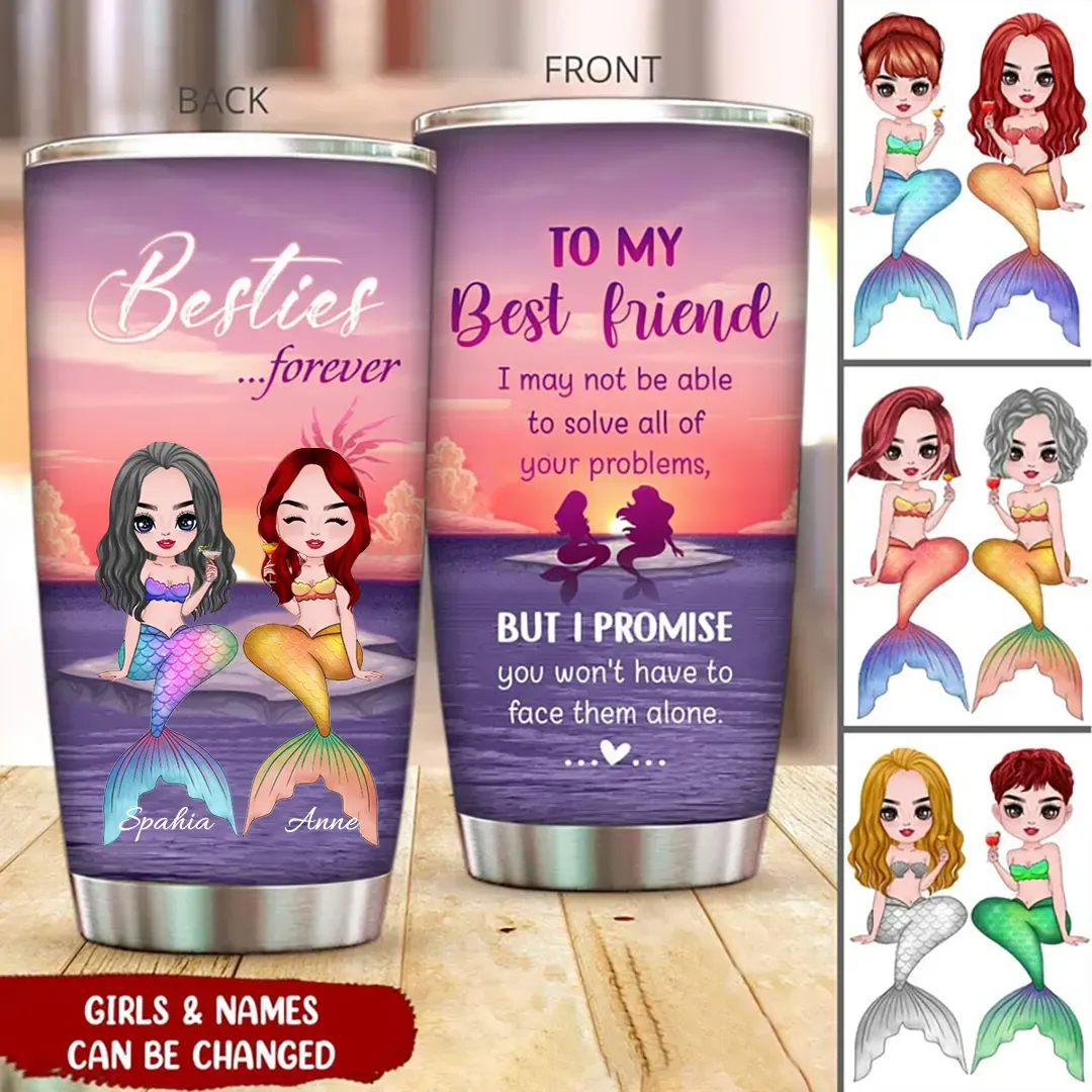 Besties Forever Sunset Background Mermaid Custom Gift For Bestie Best Friend Glitter Travel mug-ancustom