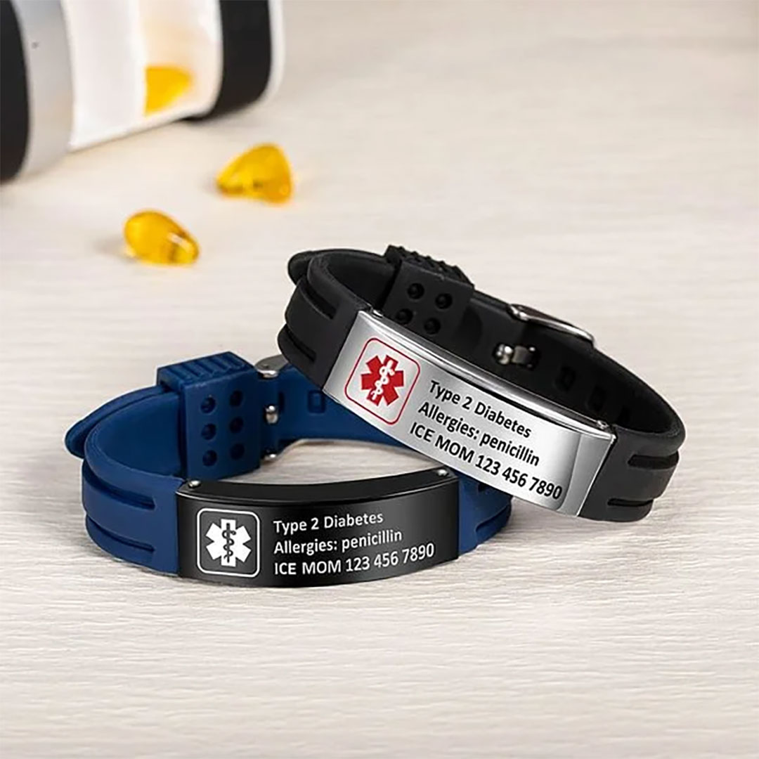 Personalized Emergency Medical Alert Adjustable Silicone Waterproof Wristband with Stainless Steel ID Name Tag for Men Women First Aid Gift-ancustom