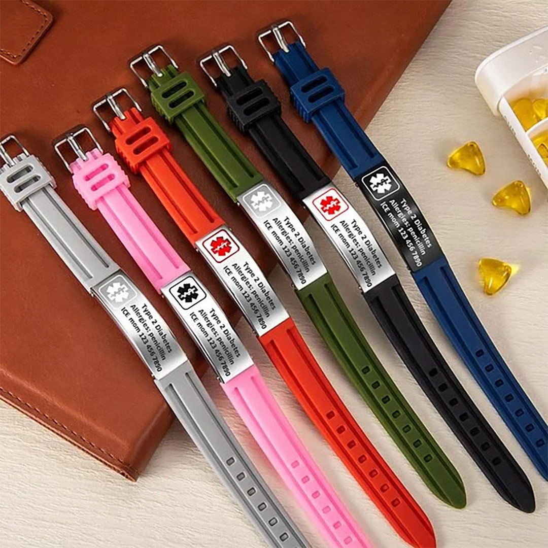Personalized Emergency Medical Alert Adjustable Silicone Waterproof Wristband with Stainless Steel ID Name Tag for Men Women First Aid Gift-ancustom