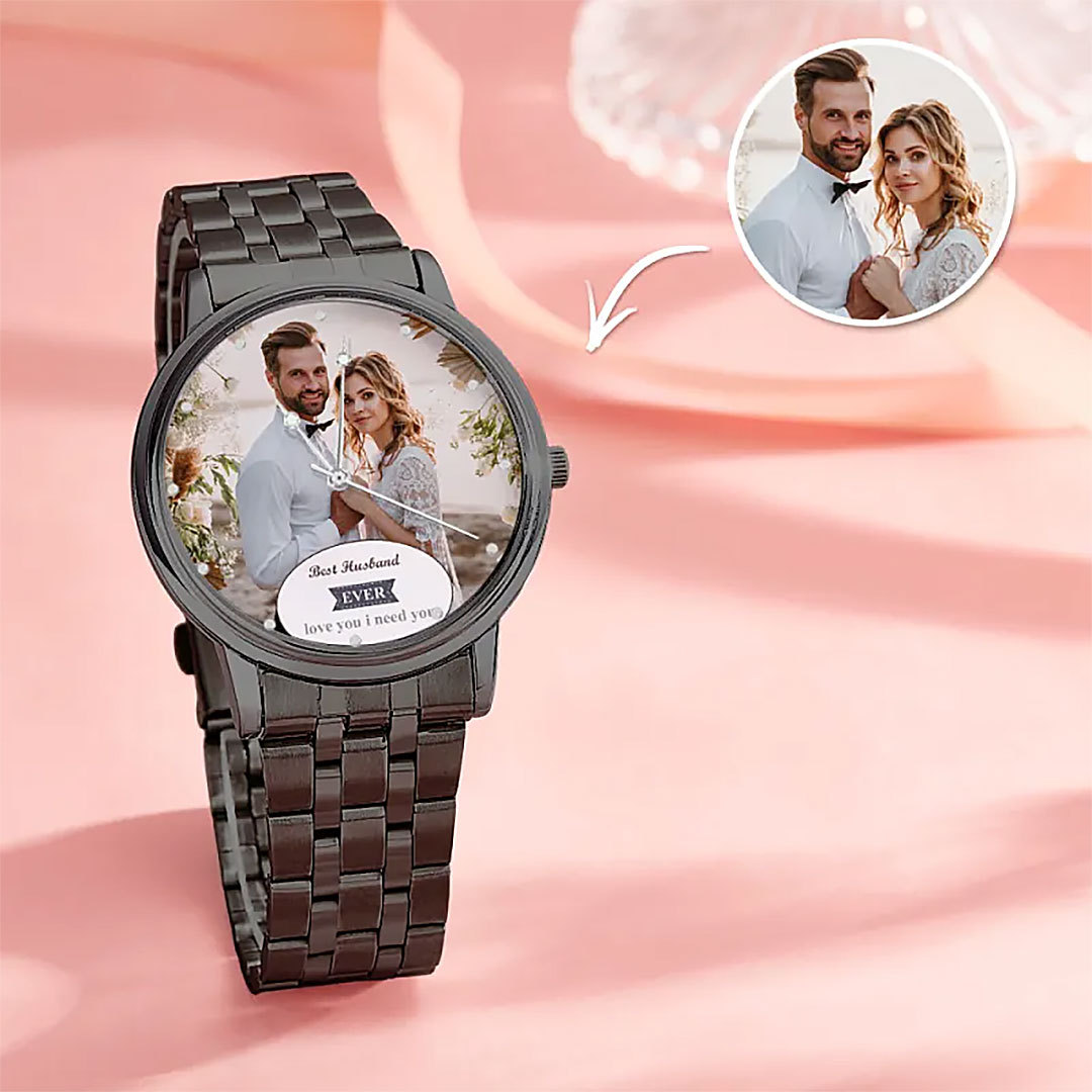 Personalized Engraved Photo Watch Black Alloy Bracelet Photo Watch Gift for Wife、Husband-ancustom