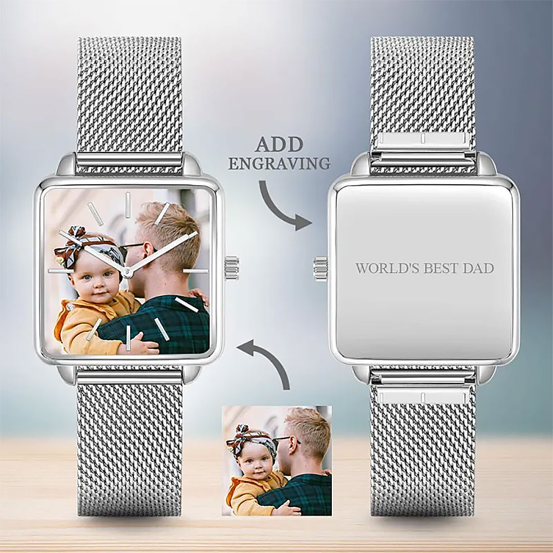 Custom Couple Watch Engraved Photo Watch - Silver Square Case Watch Men‘s-ancustom