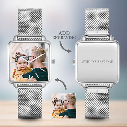 Custom Couple Watch Engraved Photo Watch - Silver Square Case Watch Men‘s-ancustom