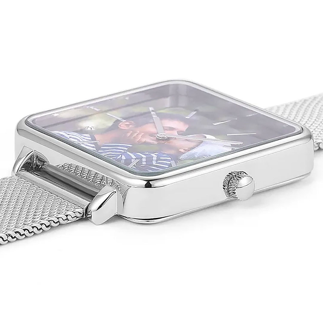 Custom Couple Watch Engraved Photo Watch - Silver Square Case Watch Men‘s-ancustom