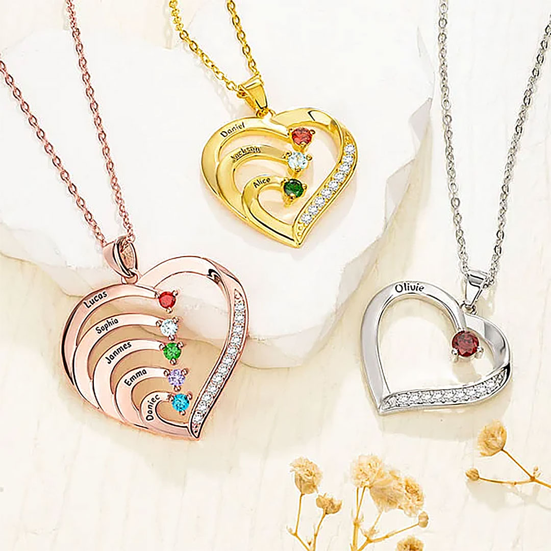 Personalized heart shaped family necklace with 1-6 names and birthstones, gift for mother, grandma-ancustom