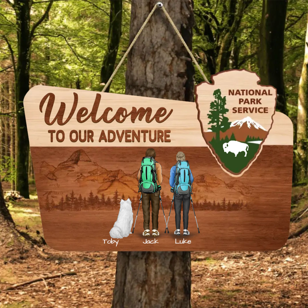 Custom Personalized Hiking Wooden Sign- Gift Idea For Couple/ Hiking/ Dog Lover - Welcome To Our Adventure-ancustom